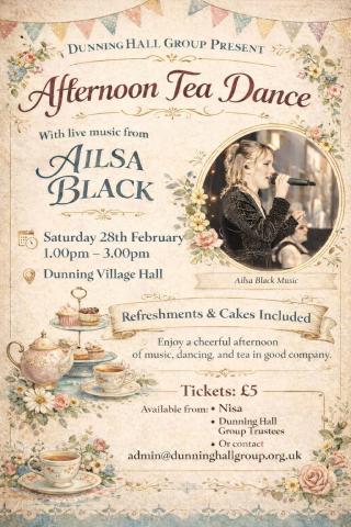 Afternoon Tea dance poster feating photo of Ailsa Black and floral decal with afternoon tear