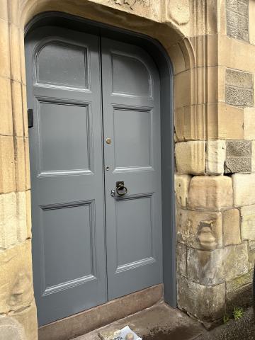 Main entrance to Dunning Hall - after a repaint in Gallant Grey